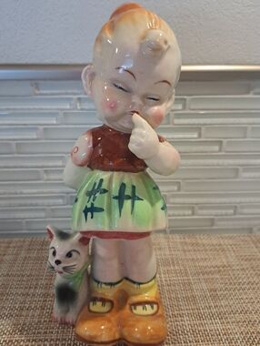 Vtg Kitschy Ceramic Red Headed Girl And Her Cat So Ugly She's Cute 1940s Japan